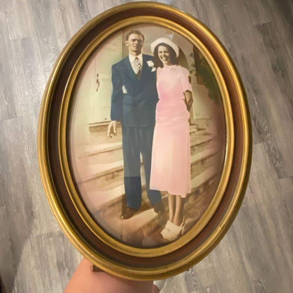Antique Colorized Photo Wood Oval Gold Frame Convex Bubble Glass Wedding Formal